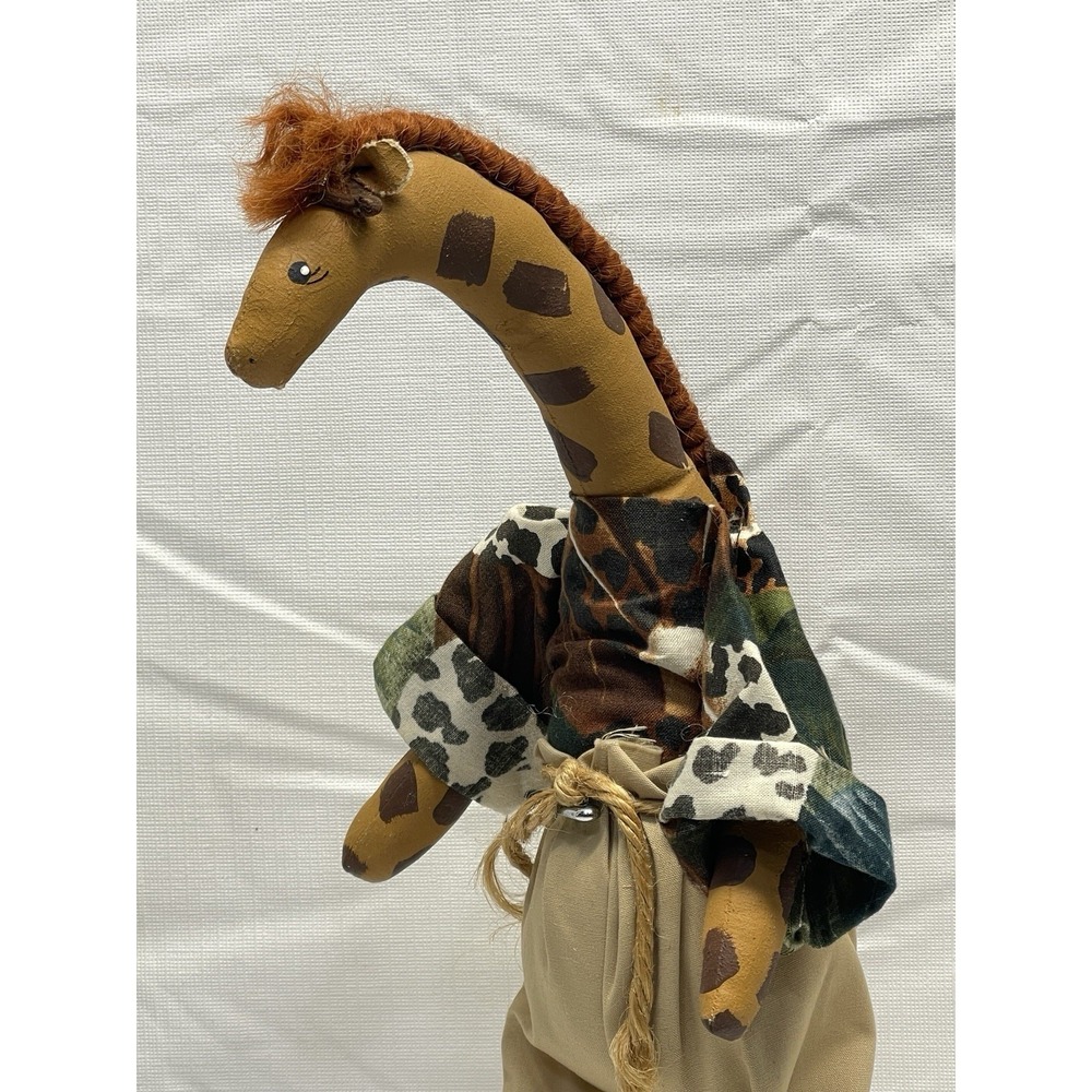 Handmade Giraffe Folk Art Doll Wood Stand Safari Outfit 18"